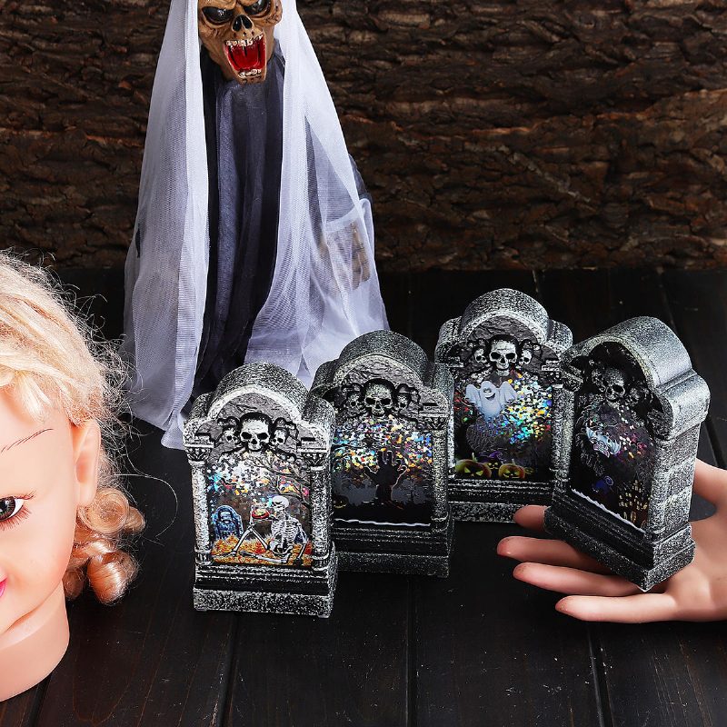 Halloweenska Led Svetelná Lampa Skeleton Tombstone Castle Plastová Rekvizita Party Darčeková Stolová