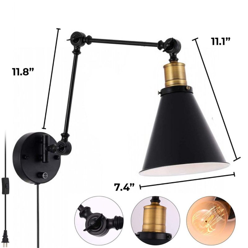 1/2 Ks Nástenná Lampa S Otočným Ramenom 110 V Priemyselné Zásuvné Led Svetlo S Káblom Čierna Povrchová Úprava Bez Žiaroviek