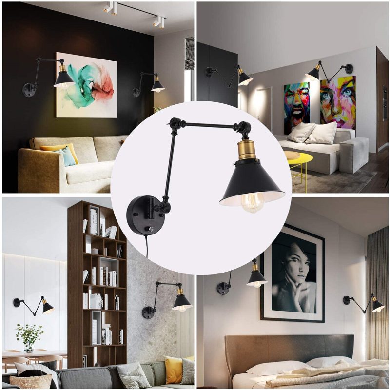1pcs/2pcs 60w 110v Americká Zástrčka Priemyselná Čierna Nástenná Lampa S Nastaviteľným Uhlom Otočného Ramena Vintage Montáž