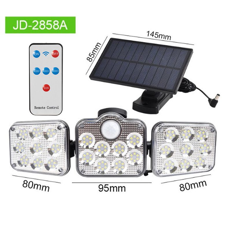 3-hlavové Solárne Nástenné Svetlo Pohybový Senzor Vonkajšia Záhradná Pouličná Lampa + Diaľkové Ovládanie