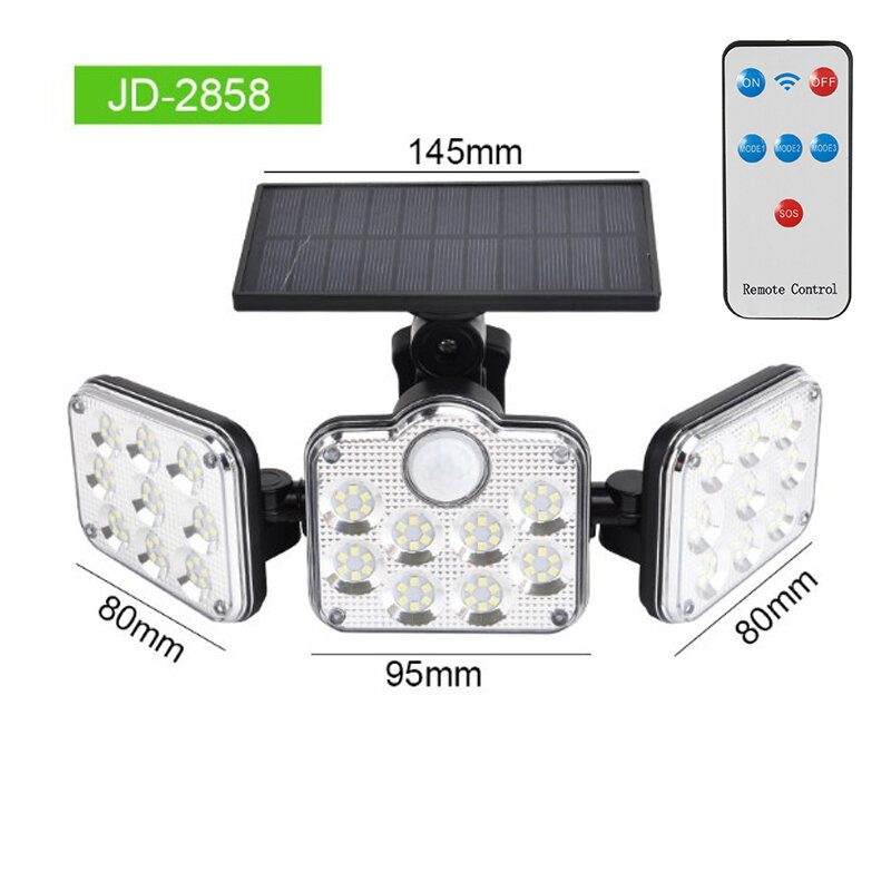 3-hlavové Solárne Nástenné Svetlo Pohybový Senzor Vonkajšia Záhradná Pouličná Lampa + Diaľkové Ovládanie