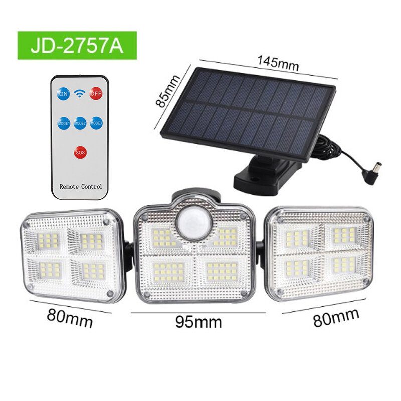 3-hlavové Solárne Nástenné Svetlo Pohybový Senzor Vonkajšia Záhradná Pouličná Lampa + Diaľkové Ovládanie