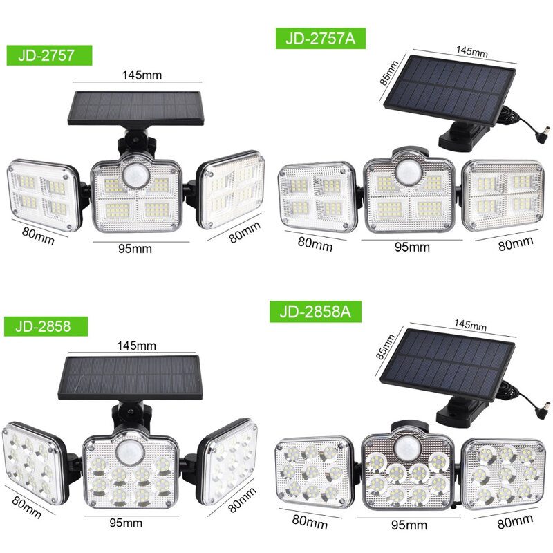 3-hlavové Solárne Nástenné Svetlo Pohybový Senzor Vonkajšia Záhradná Pouličná Lampa + Diaľkové Ovládanie