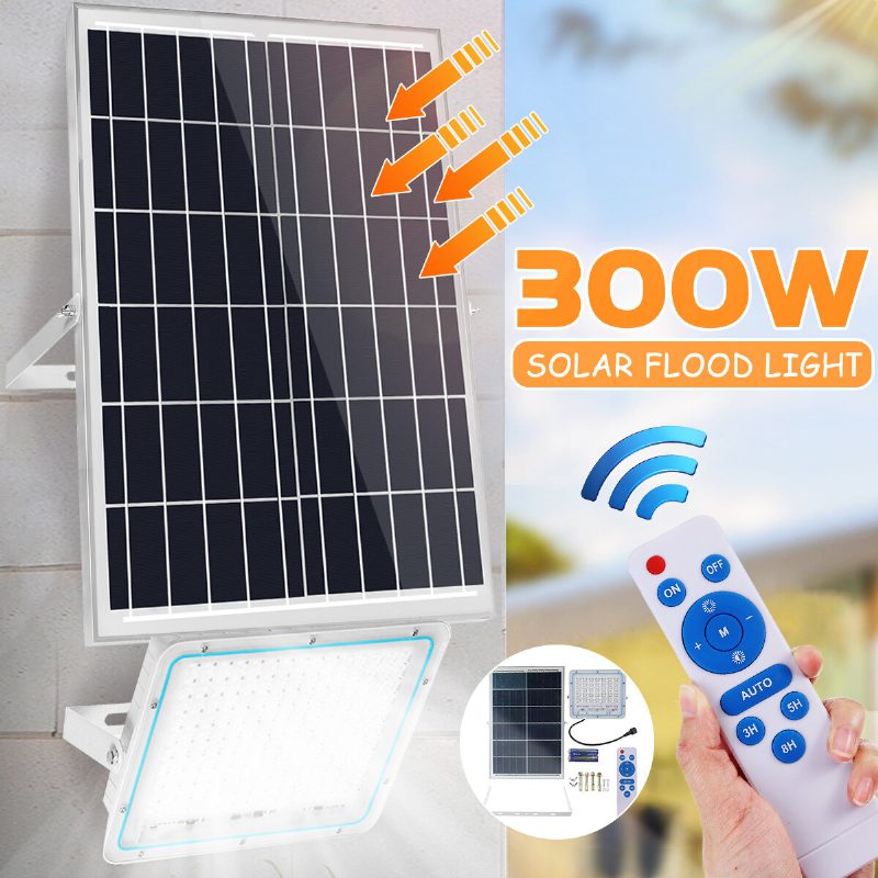 300w 300led 5000lm Solárne Napájané Svetlo Na Diaľkové Ovládanie Svetelný Senzor Časovanie Vonkajšie Vodotesné Ip65