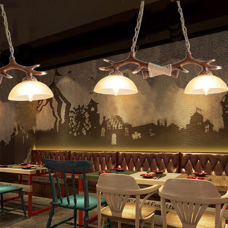 Vintage Parohová Živica S Dvojitým Svetlom Jeleňový Roh Prívesok Luster Lampa Jedálenský Bar