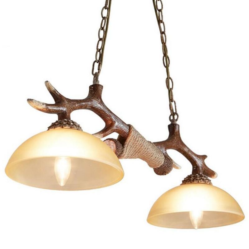 Vintage Parohová Živica S Dvojitým Svetlom Jeleňový Roh Prívesok Luster Lampa Jedálenský Bar