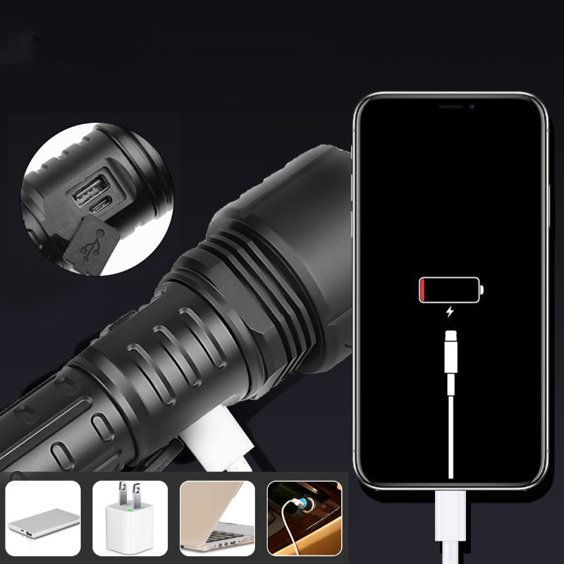 Zoomovateľná Baterka Xhp90 S 5 Režimami Usb-c Nabíjateľná Vyhľadávacia Lampa Poľovníctvo Kempovanie Rybolov