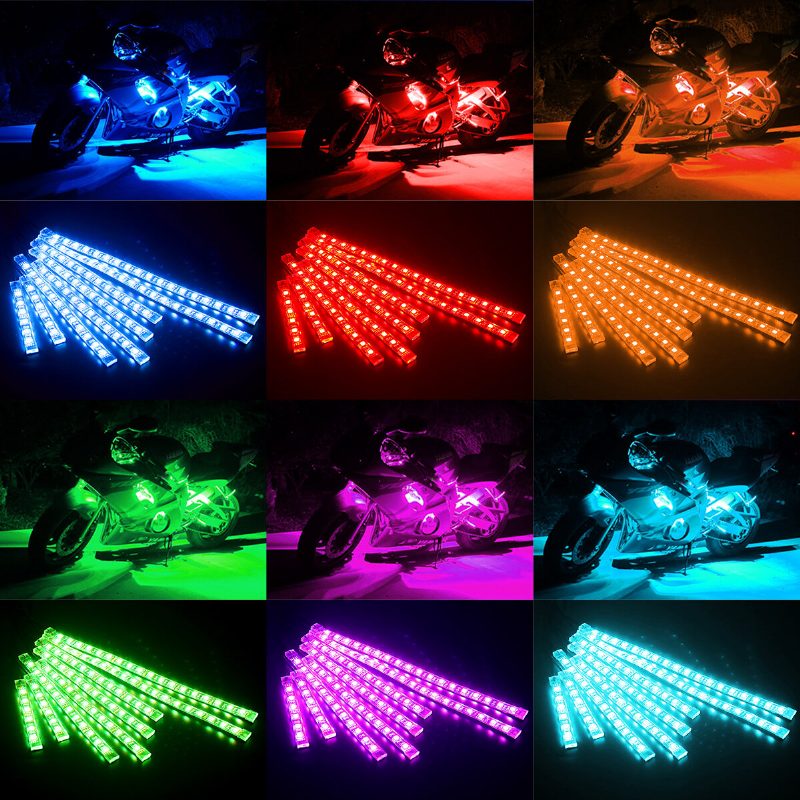 8 Ks Súpravy Led Svetiel Na Motocykle Prúžky Jednosmerný 12-voltový Vodotesný Rgb Viacfarebný Podsvietený Neónový Efekt Na Zem S Atmosférickými Svetlami S Diaľkovým Ovládaním A Lepiacimi Sponami