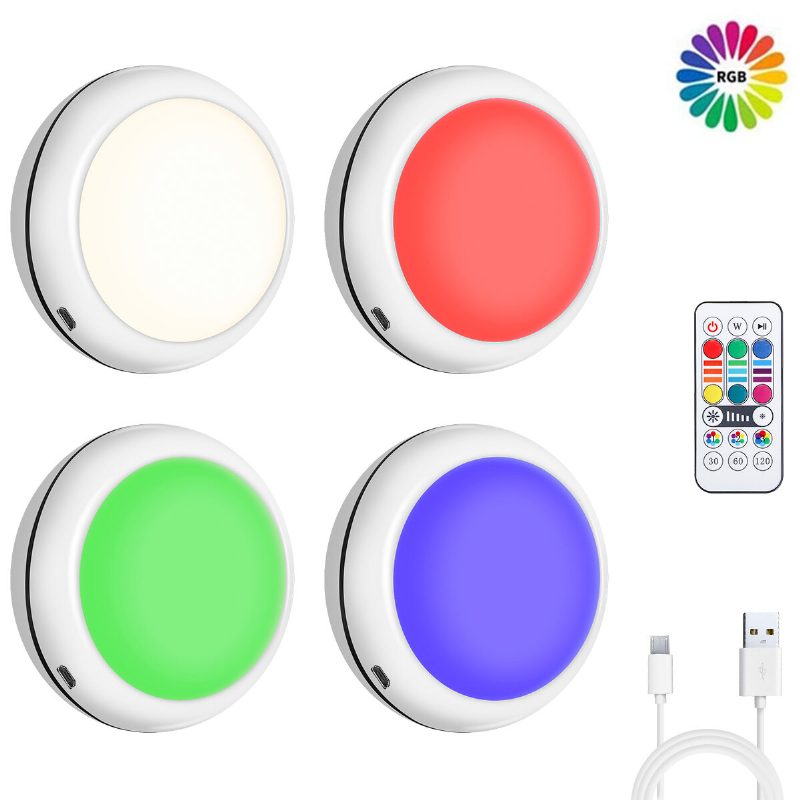 Elfeland 4 Ks Rgb 16 Farieb Okrúhle Osvetlenie Skrinky Diaľkové Ovládanie 1000mah Usb Dobíjacie
