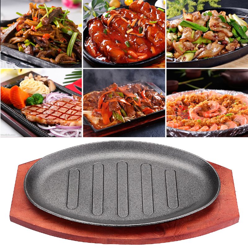 3 Veľkosti Liatinového Steaku Fajita Šuštiaci Tanier Bbq Gril Panvica Na Varenie Drevený Držiak