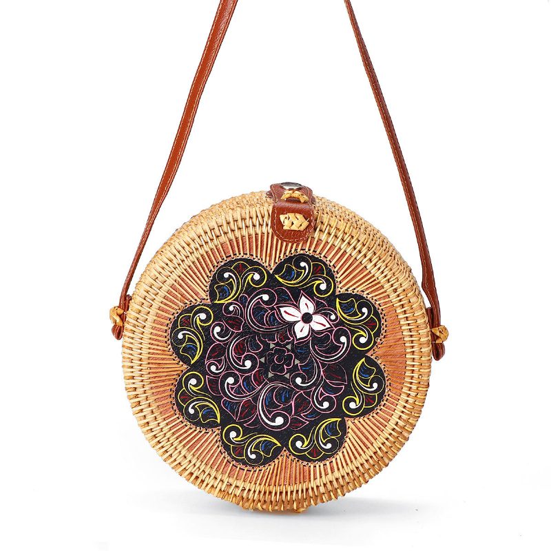 Dámska Slamená Taška Ručne Tkaná Okrúhla Ratanová Plážová Kabelka Crossbody Tote Outdoor Travel