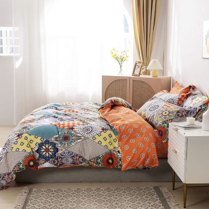 100% Bavlna 600 Tc Bohémska Posteľná Súprava 3 Ks Viacfarebná Geometická Obliečok Na Paplón Farebná Damašková Oranžová A Tyrkysová Boho Návliečok Na Obojstranný Zips So Zapínaním