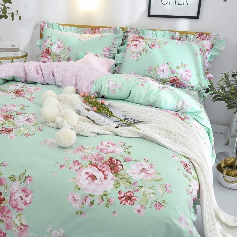 4 Ks Farmhouse Shabby Pink Floral Chic Súprava Posteľnej Sukne 100% Bavlna Rose S Kvetinovým Volánom