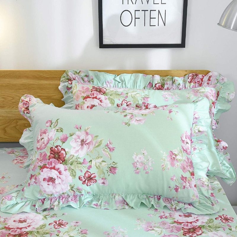 4 Ks Farmhouse Shabby Pink Floral Chic Súprava Posteľnej Sukne 100% Bavlna Rose S Kvetinovým Volánom