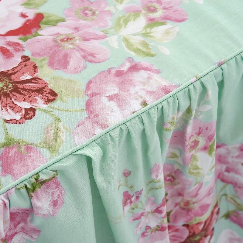4 Ks Farmhouse Shabby Pink Floral Chic Súprava Posteľnej Sukne 100% Bavlna Rose S Kvetinovým Volánom
