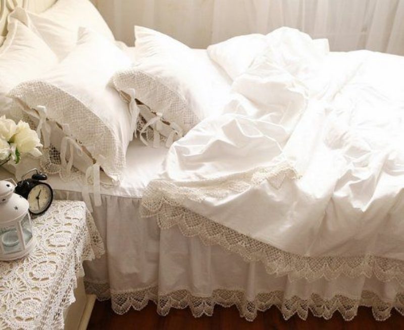 Elegantná A Ošúchaná Krásna Guipurová Snehobiela Čipka Súpravy Prikrývok Na Posteľnú Bielizeň 100 % Bavlna 60 Kusov Látky Exquisite Craft 4 Diely