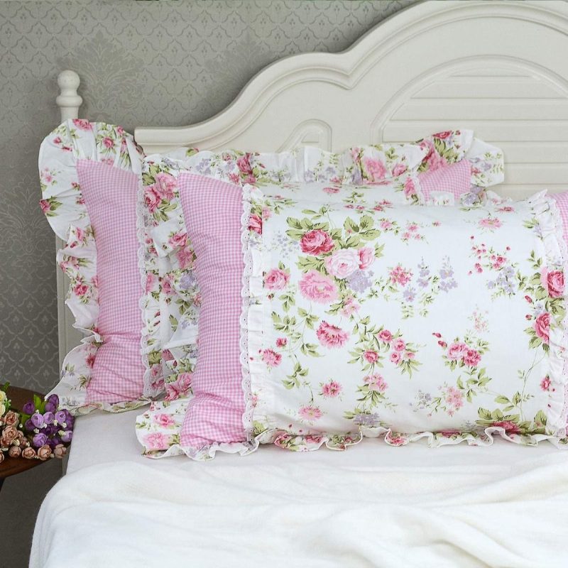 Farmhouse Rose Kvetinové Obliečky Na Vankúše 100 % Bavlna Vintage Čipkované Volániky Na Elegantné Vidiecke Ružové Rosetta S Kockovaným Dizajnom