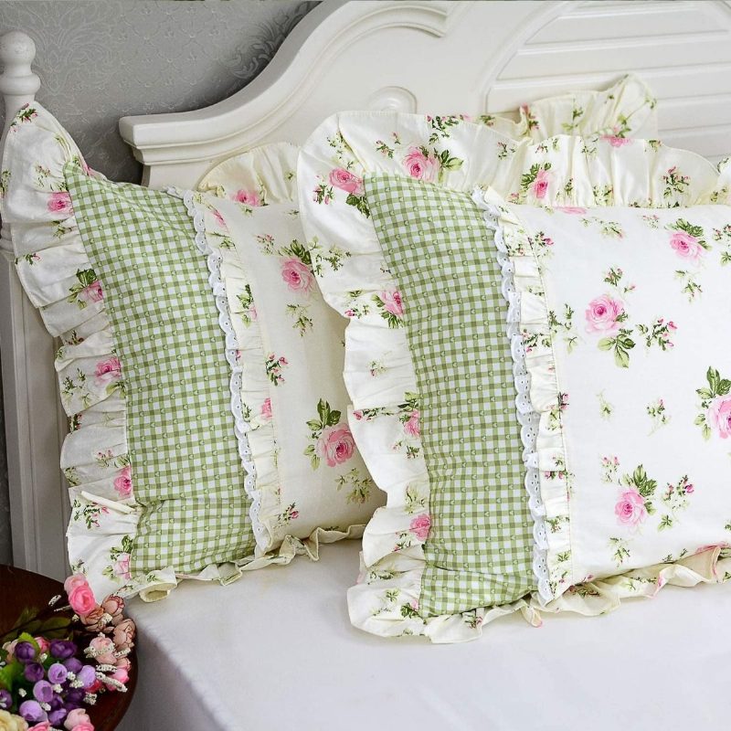 Farmhouse Rose Kvetinové Obliečky Na Vankúše 100 % Bavlna Vintage Čipkované Volániky Na Elegantné Vidiecke Ružové Rosetta S Kockovaným Dizajnom