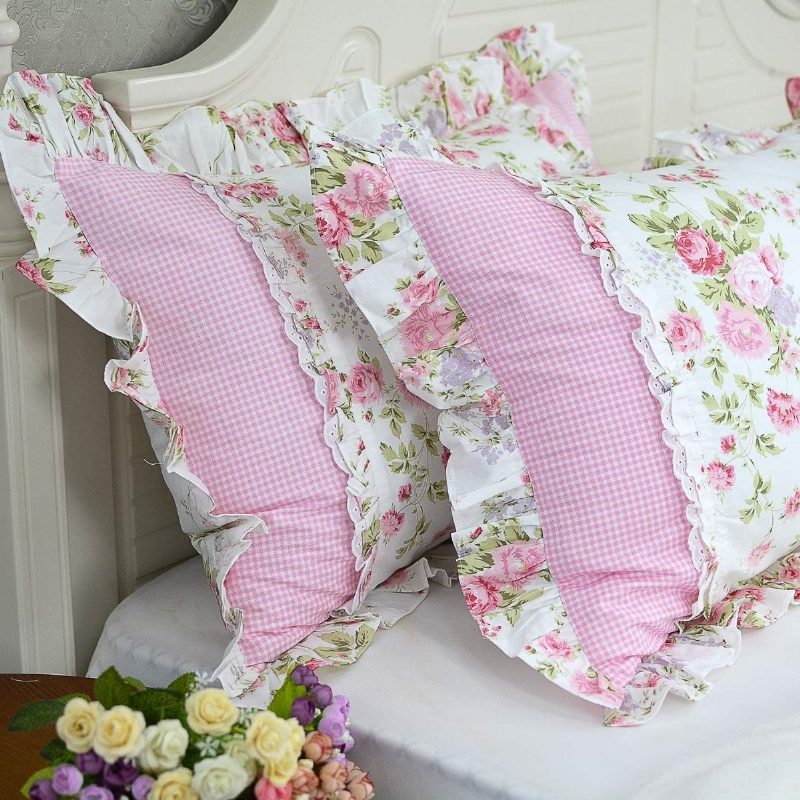 Farmhouse Rose Kvetinové Obliečky Na Vankúše 100 % Bavlna Vintage Čipkované Volániky Na Elegantné Vidiecke Ružové Rosetta S Kockovaným Dizajnom