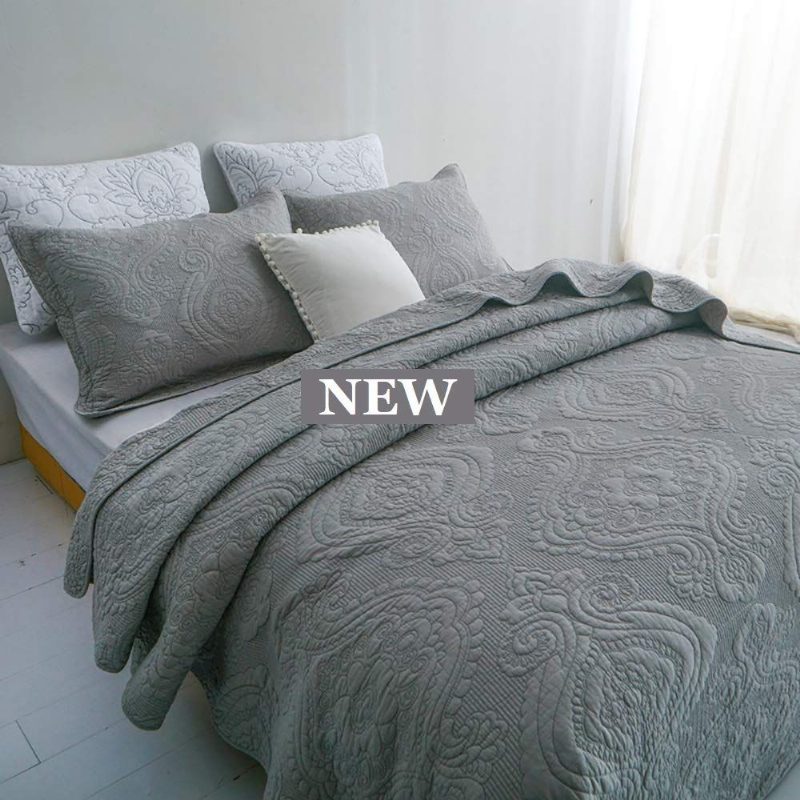 Luxusná Sivá Posteľná Súprava 3-dielna Prešívaná Prikrývka Prikrývky Queen Size 100% Bavlna