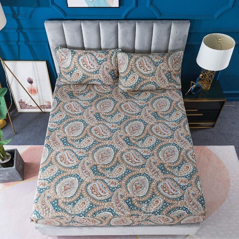 Luxusná Súprava Obliečok Paisley 4ks Elegantná Modrá A Zlatá Kvetinová Posteľná Bielizeň Z Farmy 100 % Bavlna Super Mäkká S Prestieradlom S Hlbokým Vreckom
