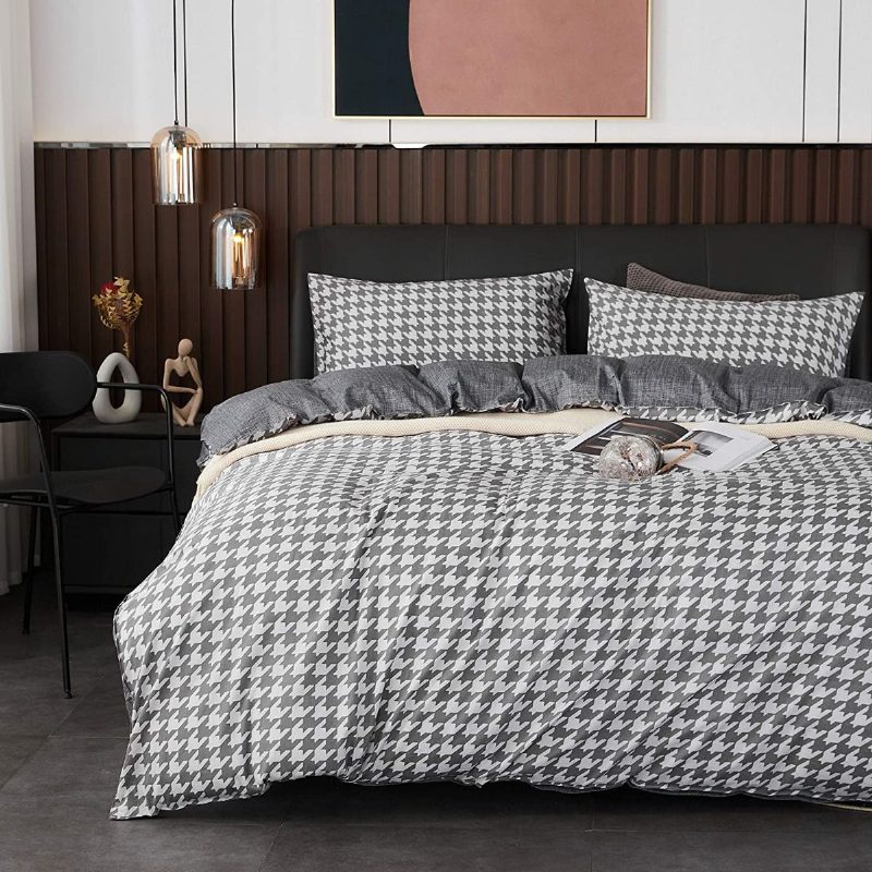Moderná Súprava Posteľnej Bielizne Módny Dizajn So Vzorom Houndstooth Obliečky Na Paplón S Kockovaným Lemom Obliečka Na Obojstranný Zips S 2 Obliečkami Na Vankúš