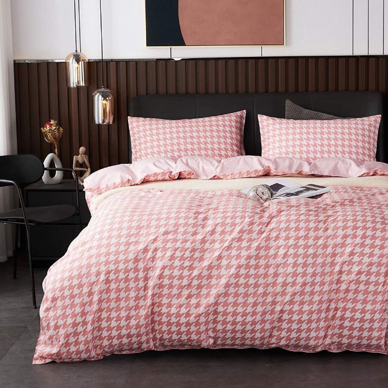 Moderná Súprava Posteľnej Bielizne Módny Dizajn So Vzorom Houndstooth Obliečky Na Paplón S Kockovaným Lemom Obliečka Na Obojstranný Zips S 2 Obliečkami Na Vankúš
