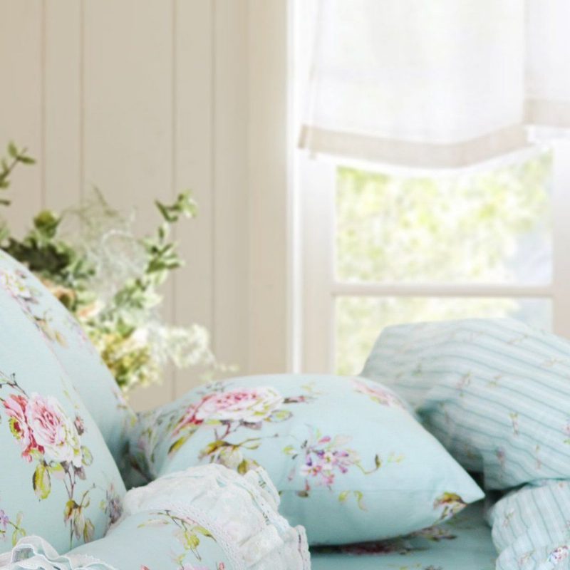 Shabby Blue Floral Square Vankúš Elegantný Francúzsky Vidiecky Štýl Teal Cotton Throw Štvorcový