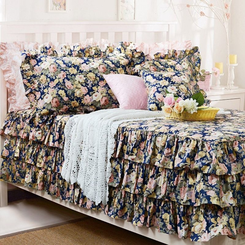 Súprava 3-dielnej Posteľnej Sukne 18-palcová 100% Bavlna Vintage Shabby Chic Posteľná Bielizeň Blush/navy Kvetinová Dievčenská Sukňa Vankúšov (1 + 2 Vankúše