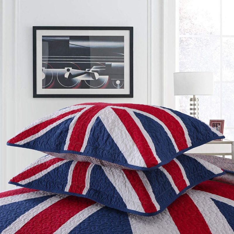 Súprava Prešívaných Prikrývok S Dizajnom Queen Size S Britskou Vlajkou 100 % Bavlna 3 Ks.
