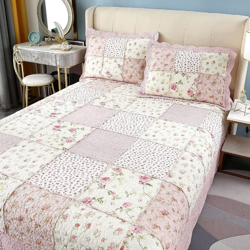 Súprava Prikrývok 3 Ks Queen Size Farmhouse Ruža S Kvetinovou Posteľnou Prikrývkou Set Romantické Drobné Kvety Patchwork Ľahká