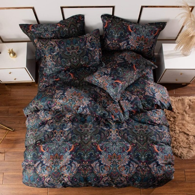 Vintage Posteľná Súprava Paisley 3 Ks Rustikálna Čierna Damašková Obliečok Na Prikrývku 100% Brúsená Bavlna So Zapínaním Na Zips Boho Obliečky