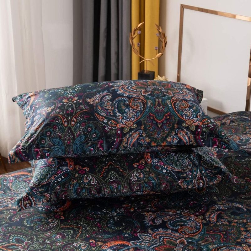 Vintage Posteľná Súprava Paisley 3 Ks Rustikálna Čierna Damašková Obliečok Na Prikrývku 100% Brúsená Bavlna So Zapínaním Na Zips Boho Obliečky